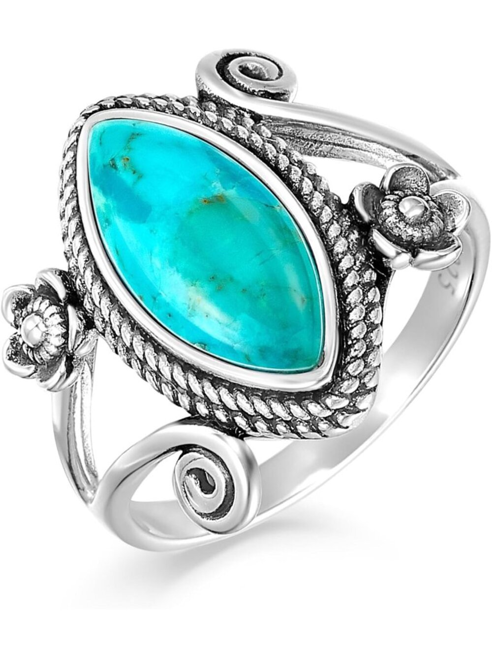 Women's Turquoise 925 Sterling Silver Vintage Boho Stone Band Marquise Ring
